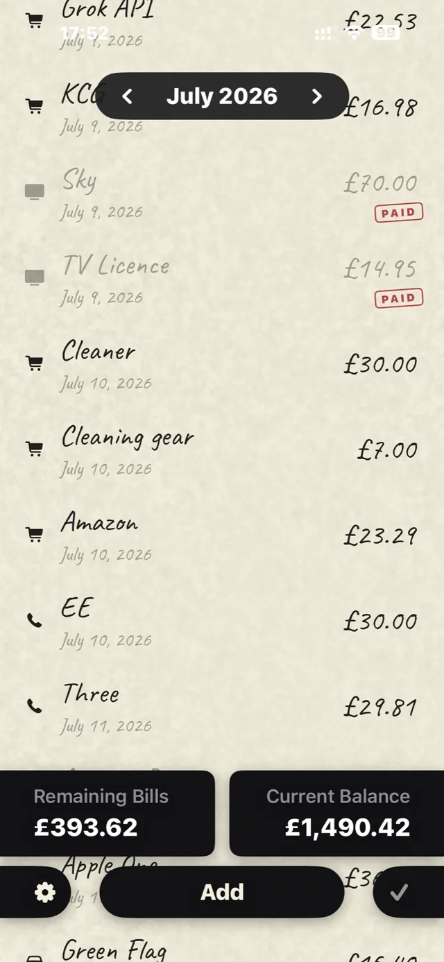 Budgextra paper-ledger month view with bills, PAID stamps and the remaining balance