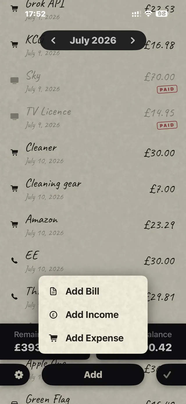 Budgextra paper menu for adding a bill, income or expense