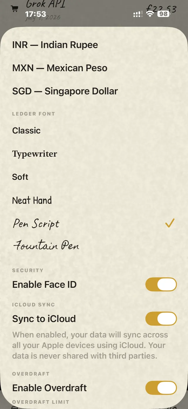 Budgextra Settings shown on its parchment background