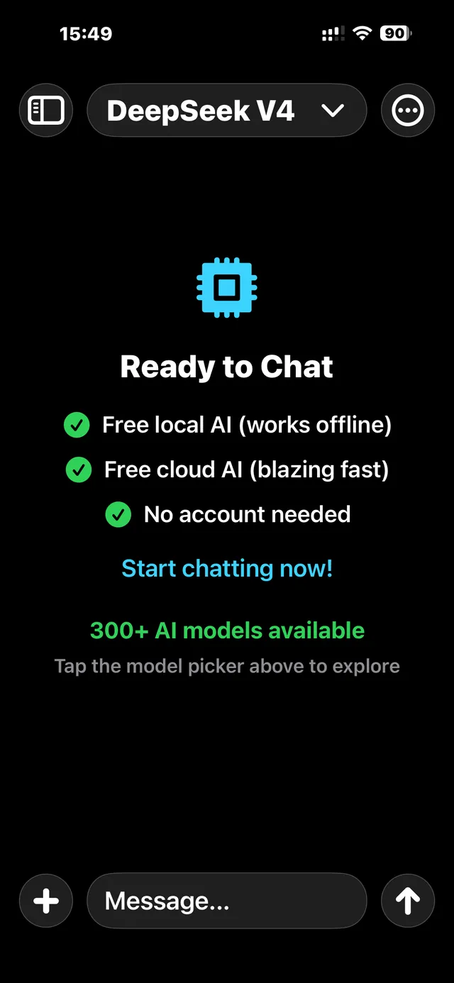 Chat LLM chat screen ready to chat, with free local AI, free cloud AI and no account needed
