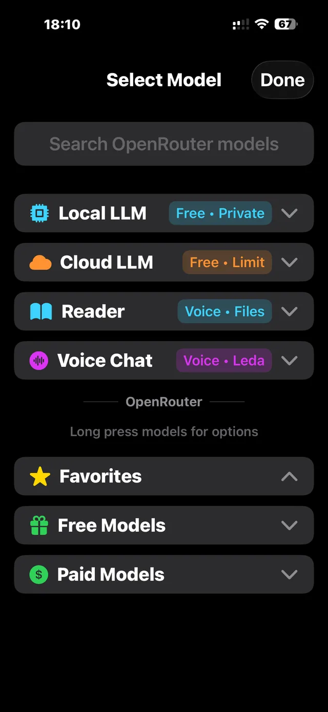 Chat LLM model picker with Local LLM, Cloud LLM, Reader, Voice Chat and OpenRouter models