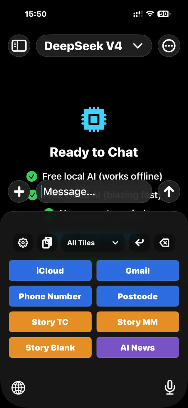 Copy Tiles custom keyboard showing text tiles ready to insert into another app