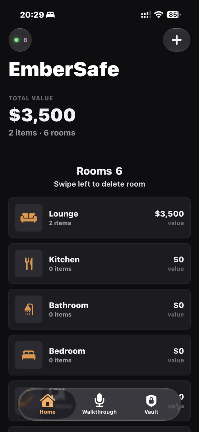 EmberSafe home screen showing total value and a list of rooms