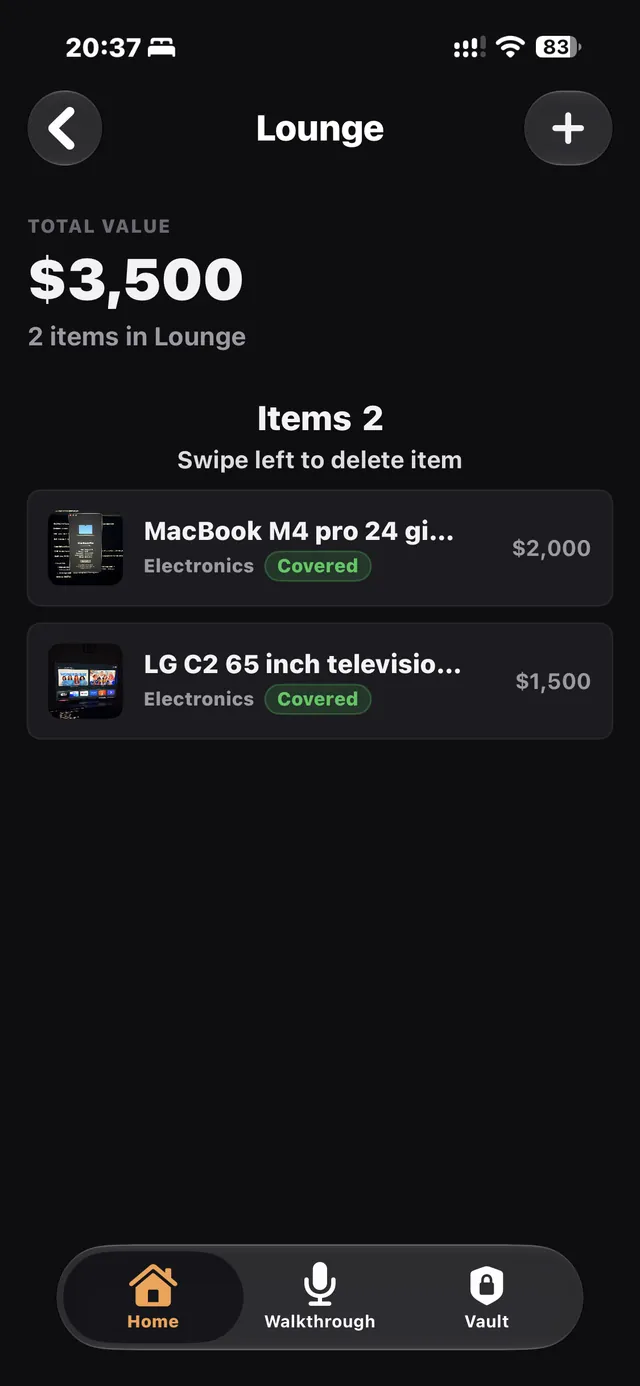 EmberSafe room view with items and warranty status