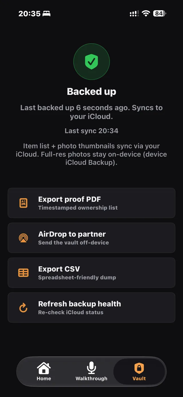 EmberSafe Vault with iCloud backup health and export options