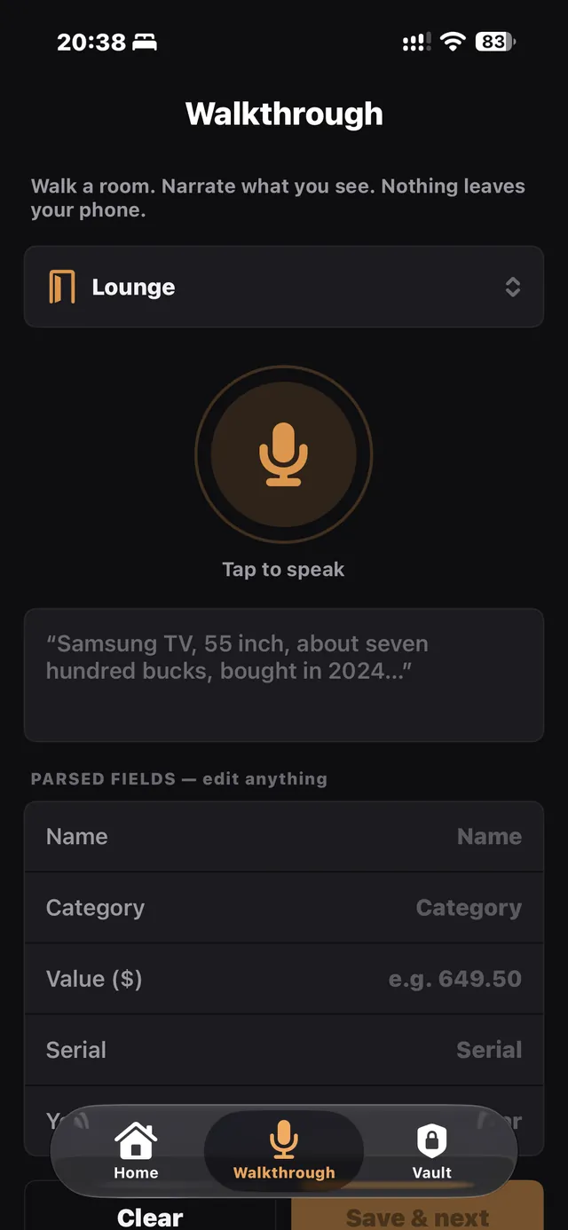 EmberSafe walkthrough capture with on-device voice parsing
