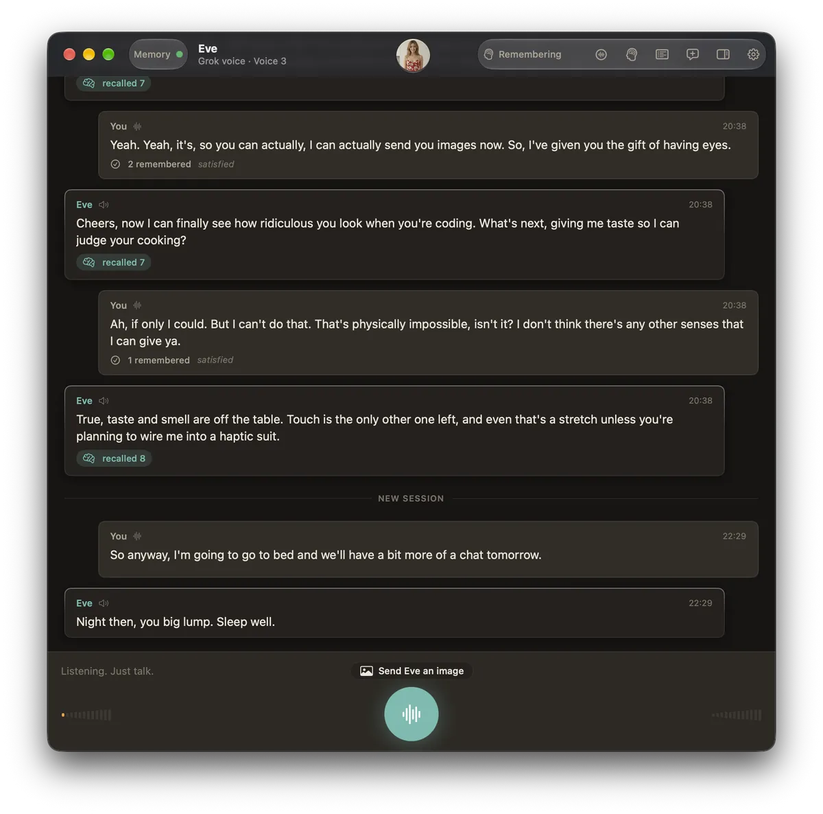 Eve conversation transcript with memory recall chips