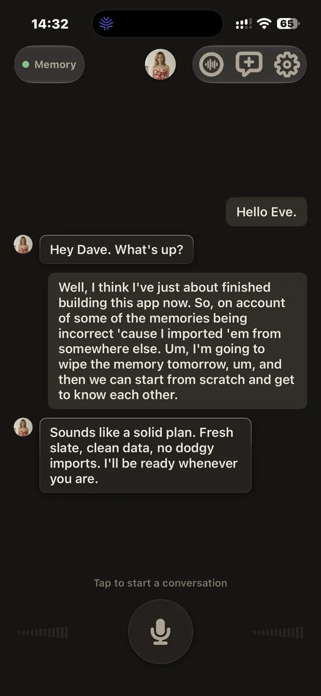 Eve R conversation transcript on iPhone