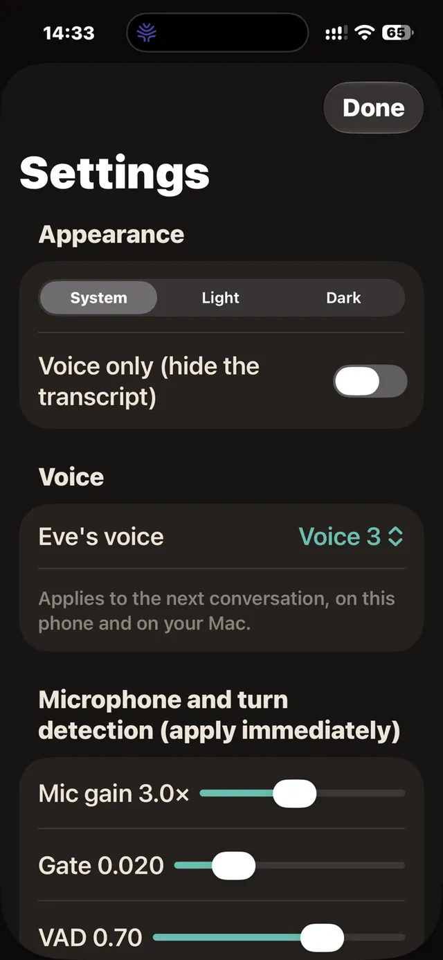 Eve R settings on iPhone