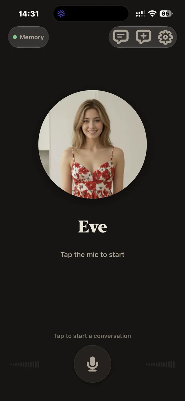 Eve R voice screen on iPhone with Eve's portrait and a mic button