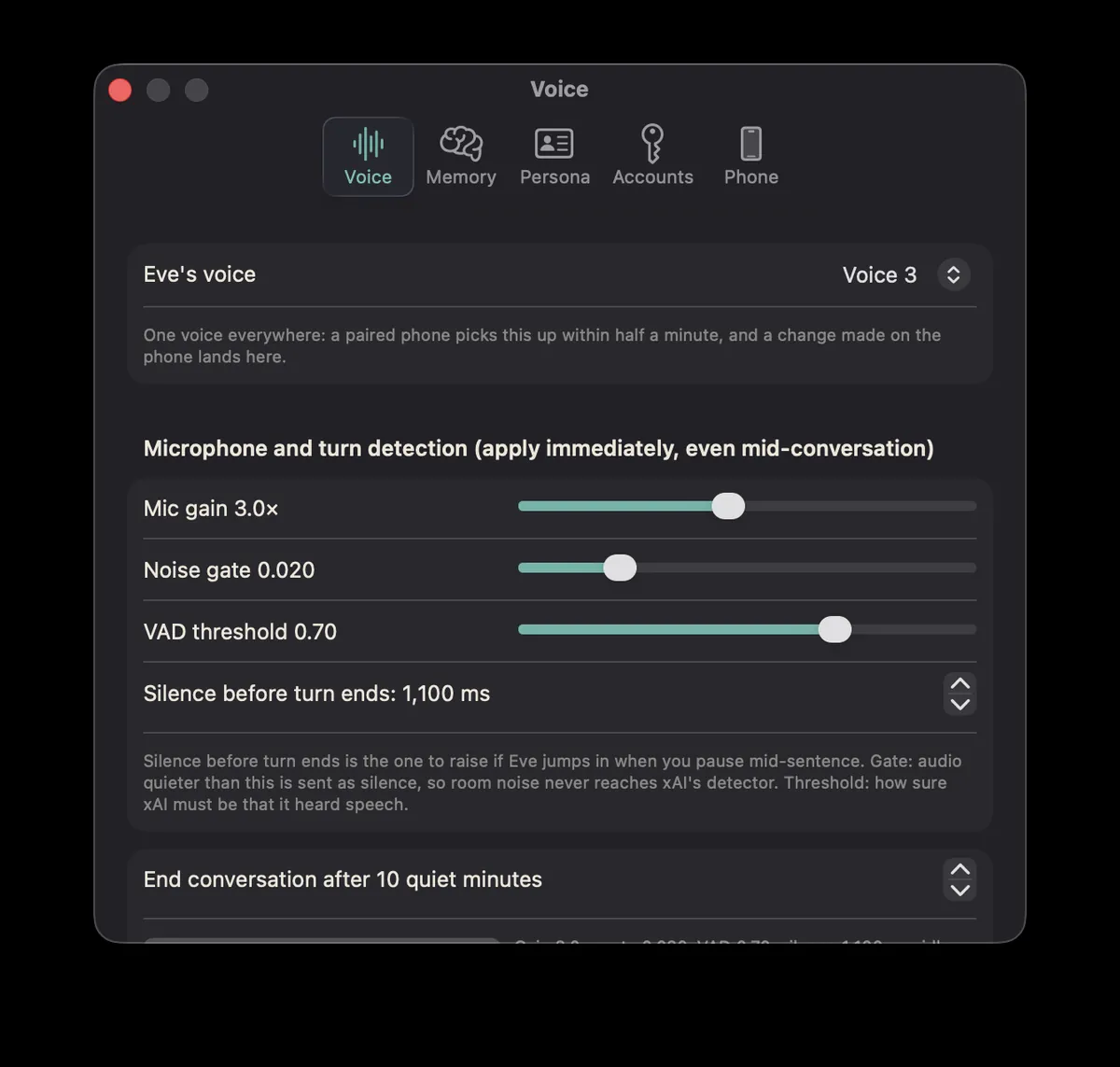 Eve voice settings with mic gain, noise gate, and turn detection controls