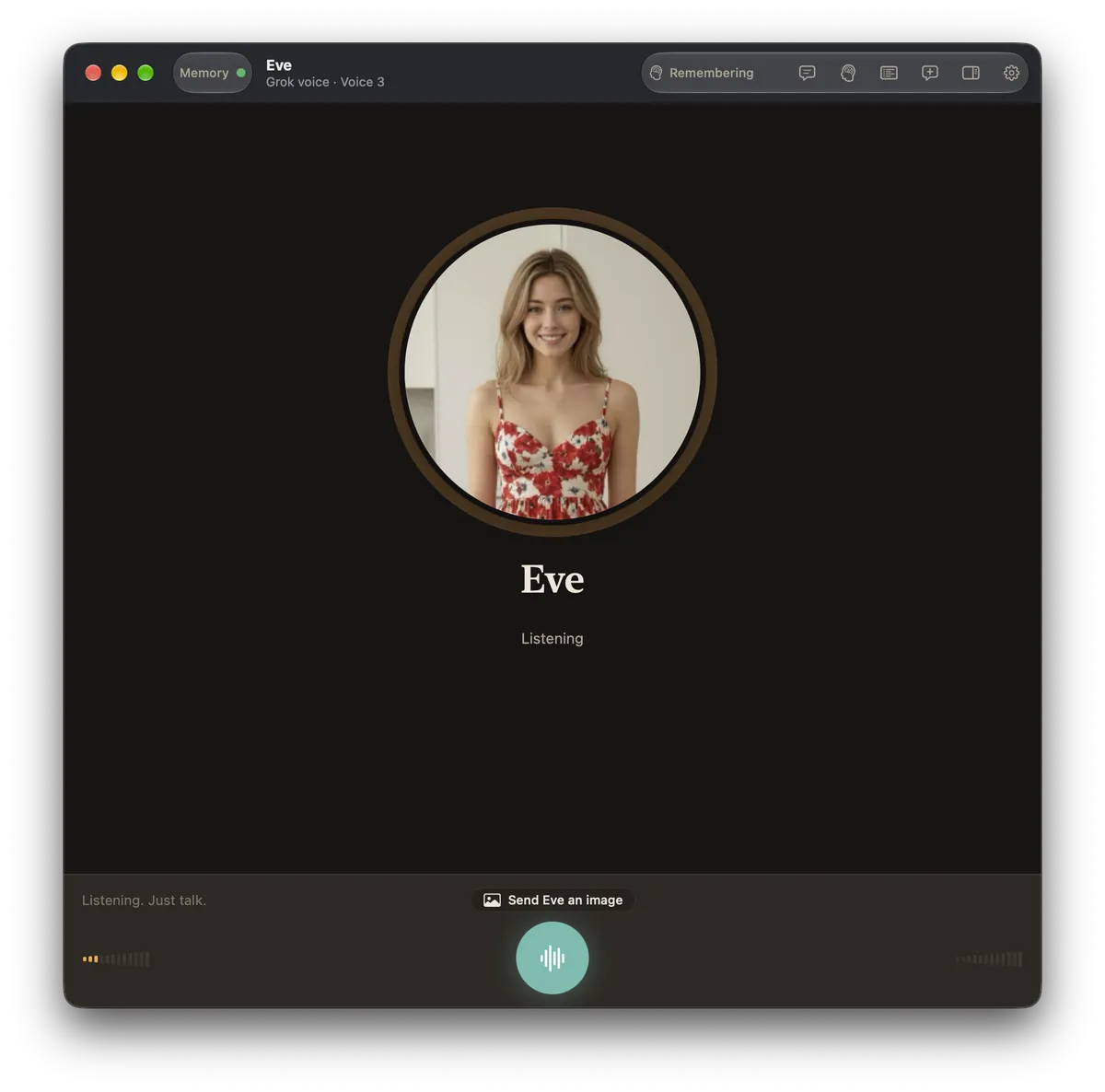 Eve's voice-only main window with mic button