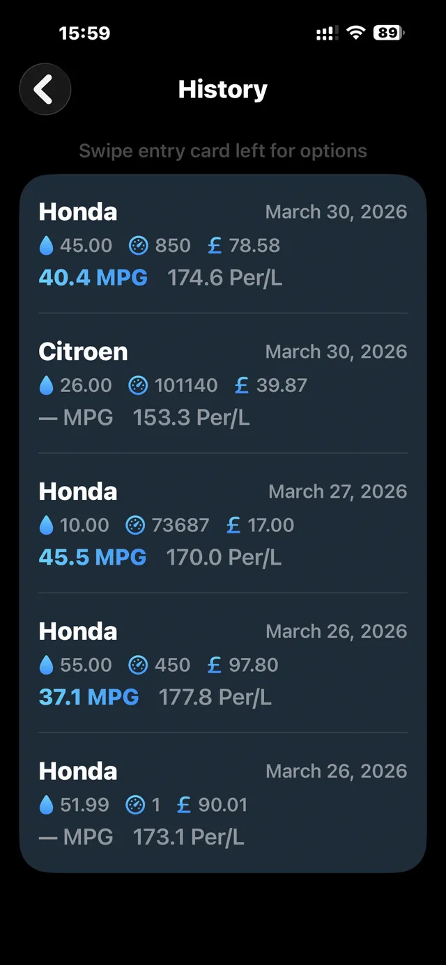 Fuelled UK fill-up history showing litres, mileage, cost and MPG for each entry
