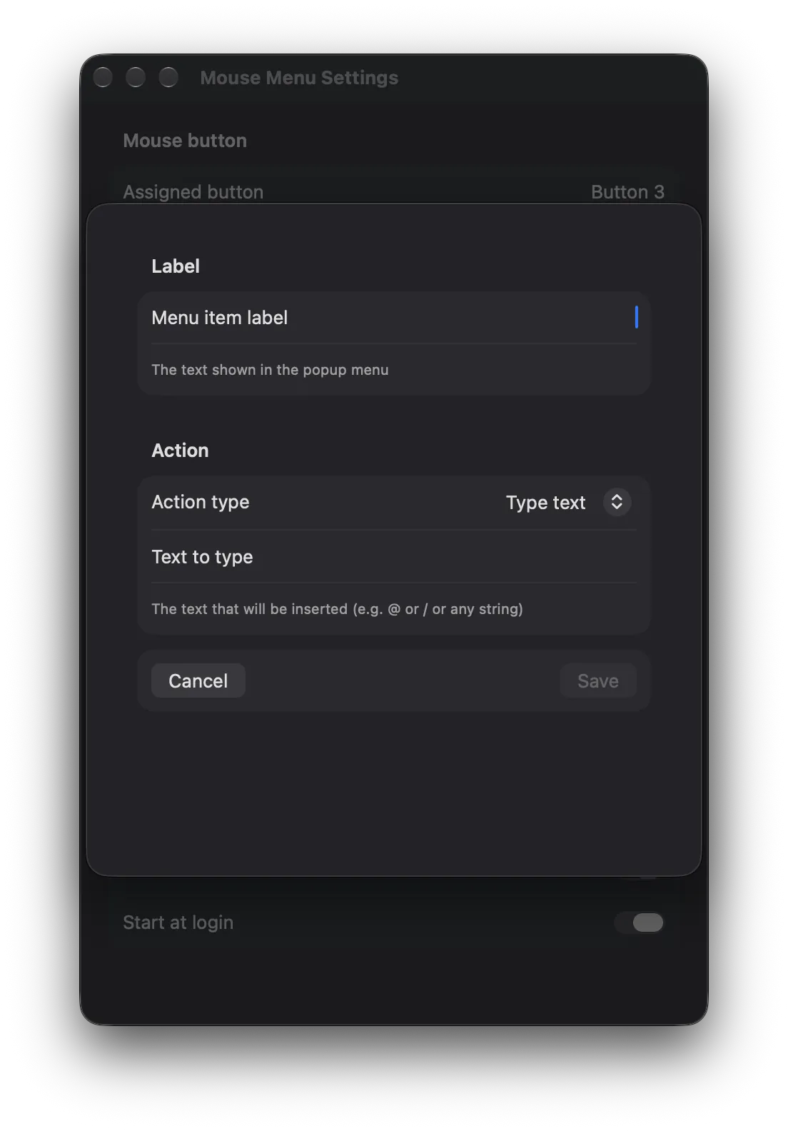 Mouse Menu's add-item window with label and action fields