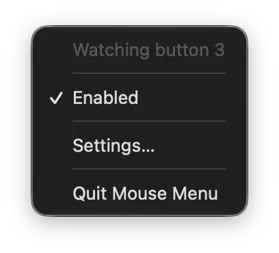 Mouse Menu's menu bar menu with Enabled, Settings, and Quit