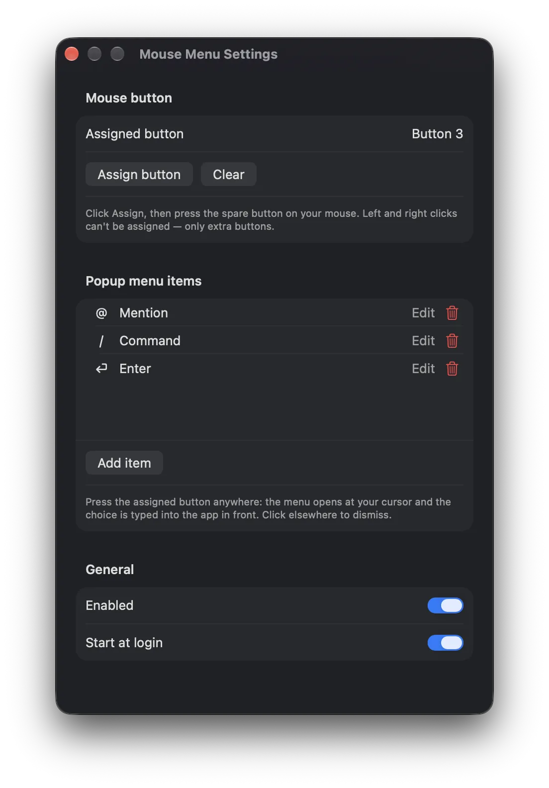 Mouse Menu Settings with assigned button and editable popup menu items