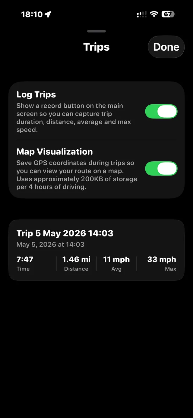 True Velocity Trips screen with trip logging, map visualisation, and a saved trip card