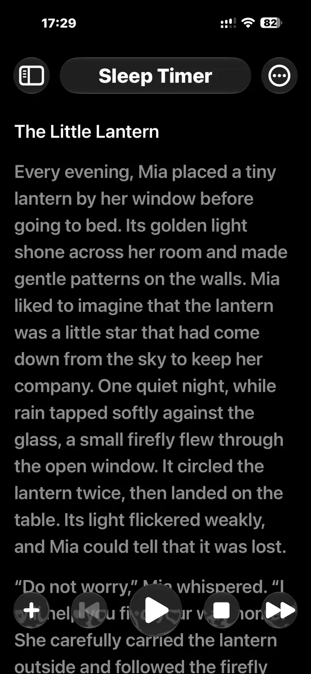 Voxium reading view with playback controls and a sleep timer
