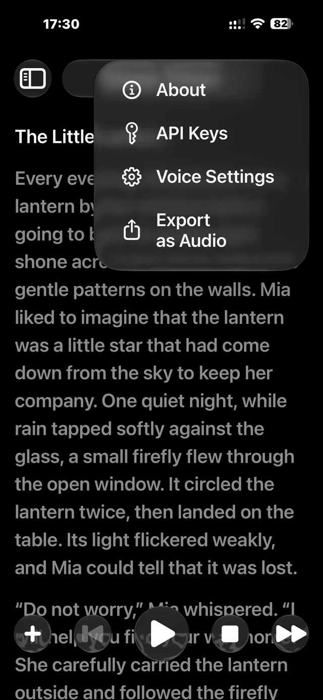 Voxium reader menu with About, API Keys, Voice Settings, and Export as Audio