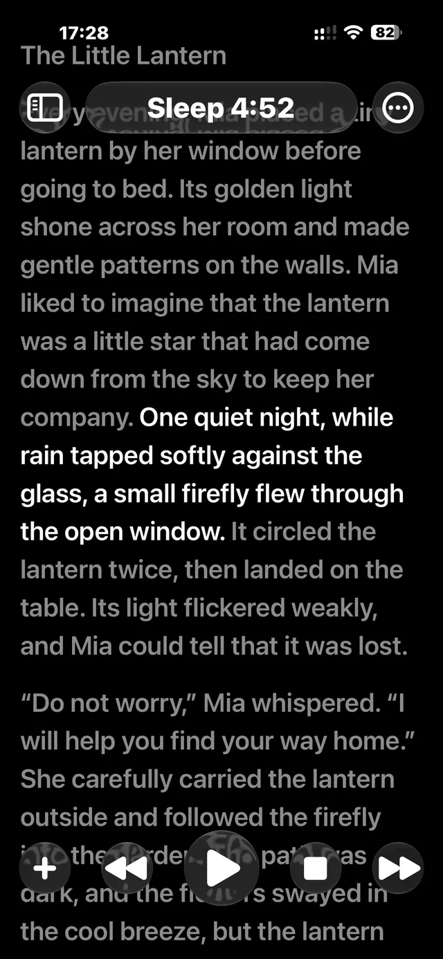 Voxium reading a story aloud with sentence highlighting and a sleep timer