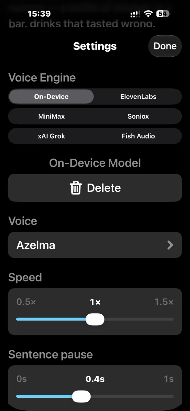 Voxium voice settings showing the six voice engines: On-Device, ElevenLabs, MiniMax, Soniox, xAI Grok and Fish Audio