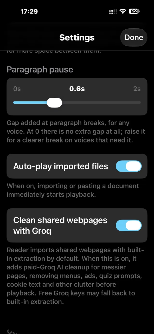 Voxium settings for paragraph pauses, auto-play, and webpage cleanup
